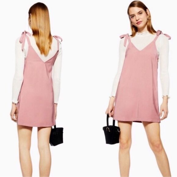 NWT Topshop Tilda Side Button Pink Mini Slip Dress Shoulder Ties Women's sz 6 - Picture 2 of 15